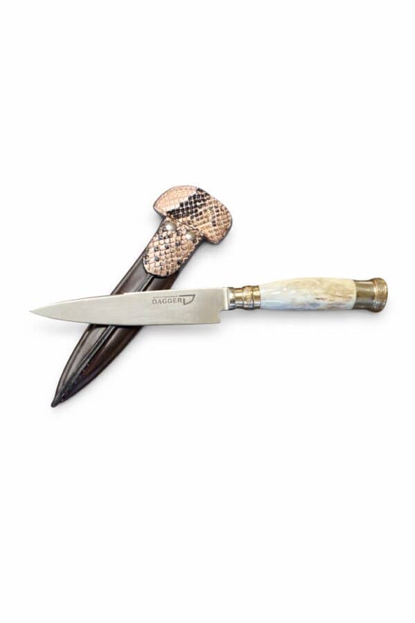 Handmade gaucho knife with a polished stainless steel blade, staghorn handle and leather and snake skin sheath on a clean background