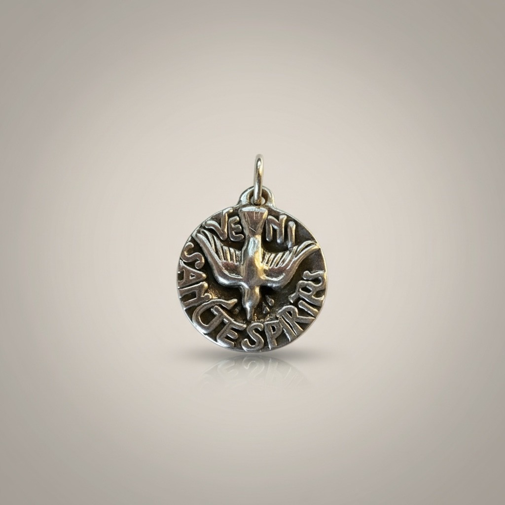Holy Spirit medal in sterling silver front view sculptural design