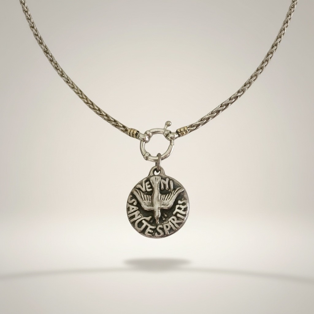 Holy Spirit medal on silver chain with gold accents