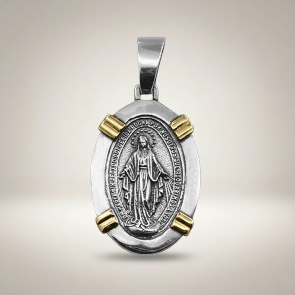 Miraculous Medal pendant sterling silver gold accents front side close-up