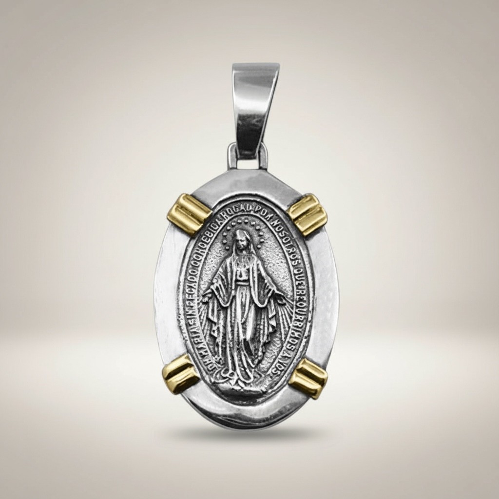 Miraculous Medal pendant sterling silver gold accents front side close-up