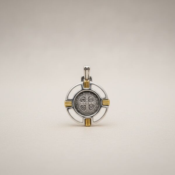 Saint Benedict pendant in sterling silver with gold accents front view