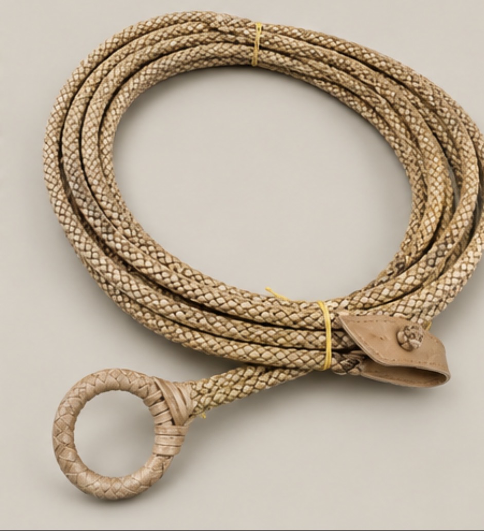 Handmade 8-strand rawhide lasso crafted in Argentina with traditional soguería criolla techniques.