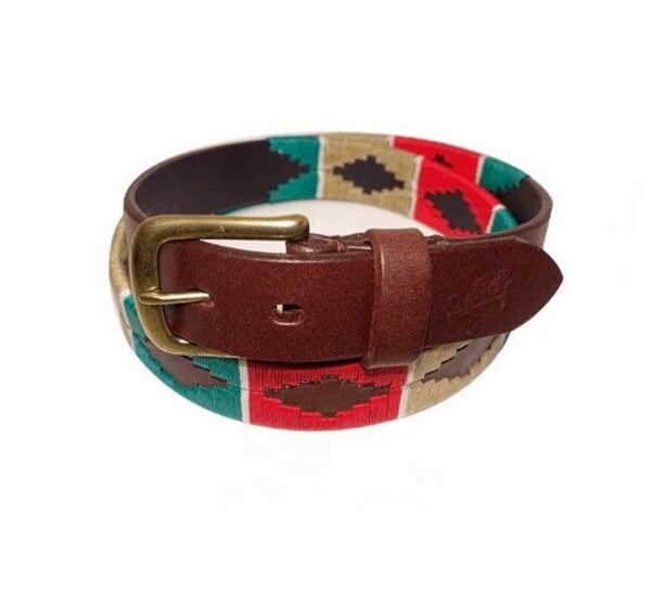 Unisex Polo Belt with Brass Buckle - Red, Tan, Green, White Stripe - Image 3