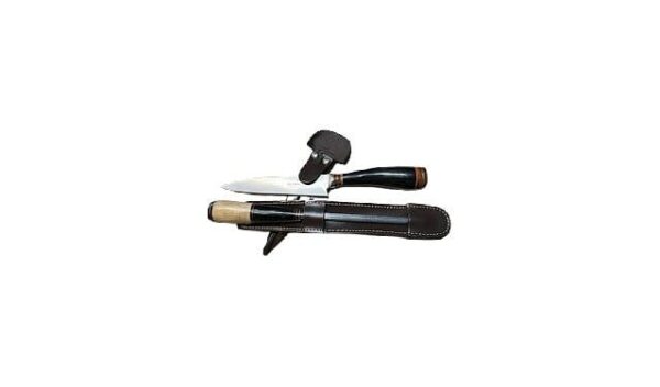 POLISHED HORN WITH EXOTIC HARDWOOD, HANDMADE GAUCHO KNIFE AND KNIFE SHARPENING STEEL SET - CUC170/1397-BK AND CHA211/650-TBK - SET