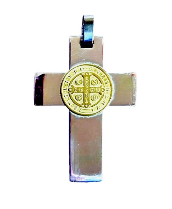 Majestic solid .925 sterling silver cross with St Benedict 18kt gold center - AU-CSB/35
