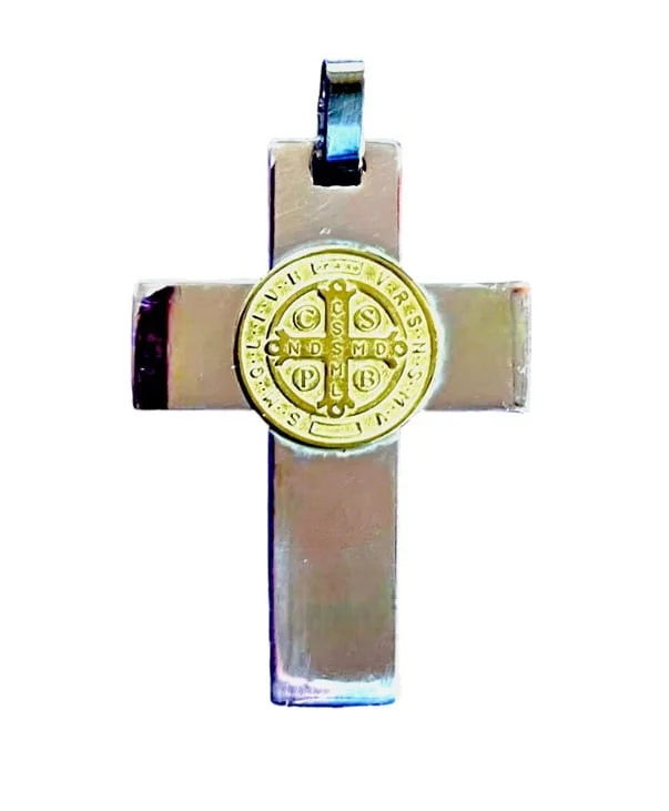 Majestic solid .925 sterling silver cross with St Benedict 18kt gold center - AU-CSB/35