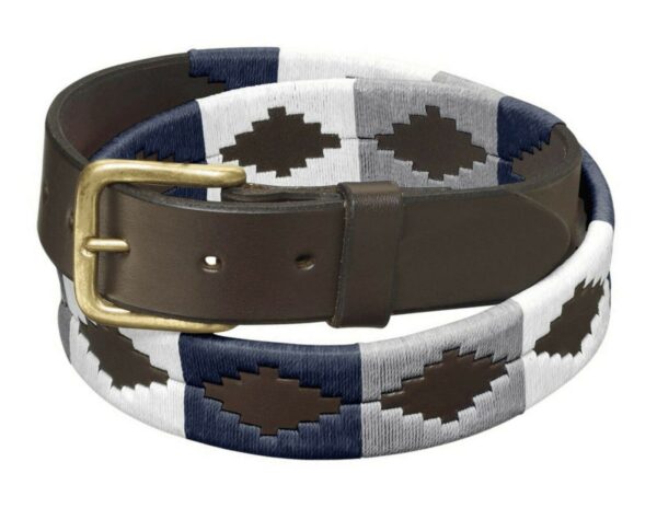 HANDMADE, GENUINE ARGENTINIAN COWHIDE LEATHER POLO PLAYER BELT - NAVY, GRAY, WHITE WITH HEAVY BRASS BUCKLE - NC12-NGW