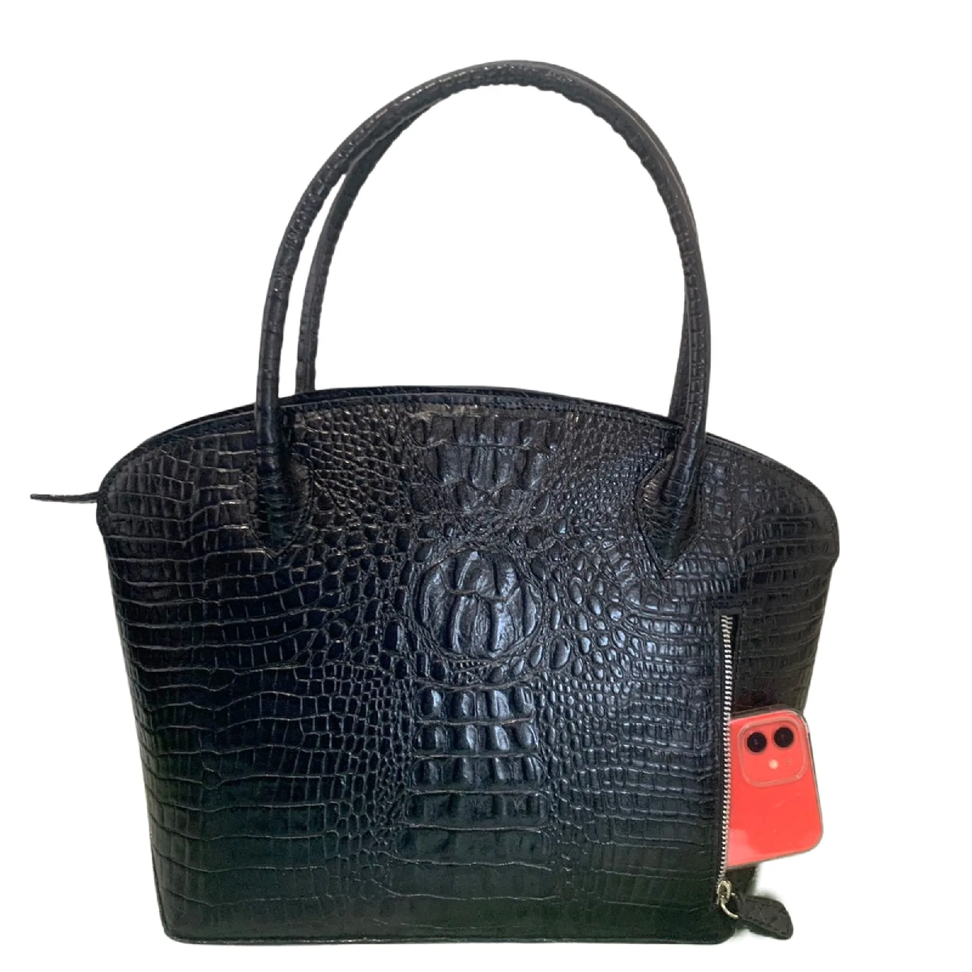 Authentic Black Argentine Cowhide Leather Shoulder Bag with Embossed Crocodile Pattern - Image 2