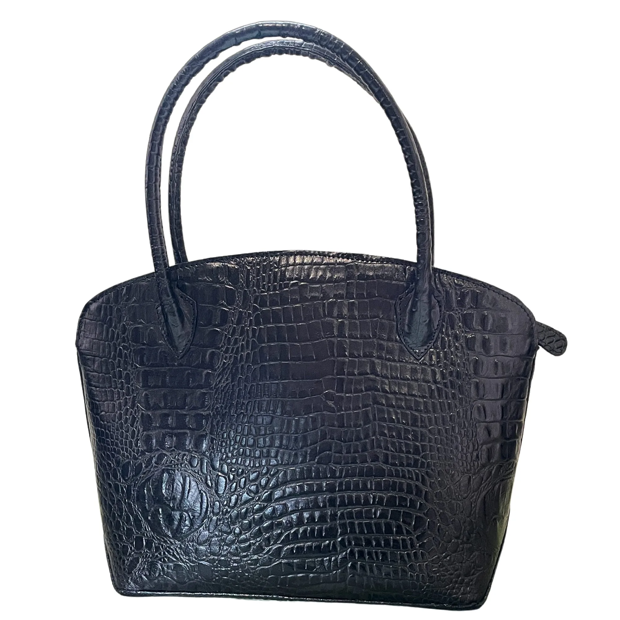 Authentic Black Argentine Cowhide Leather Shoulder Bag with Embossed Crocodile Pattern