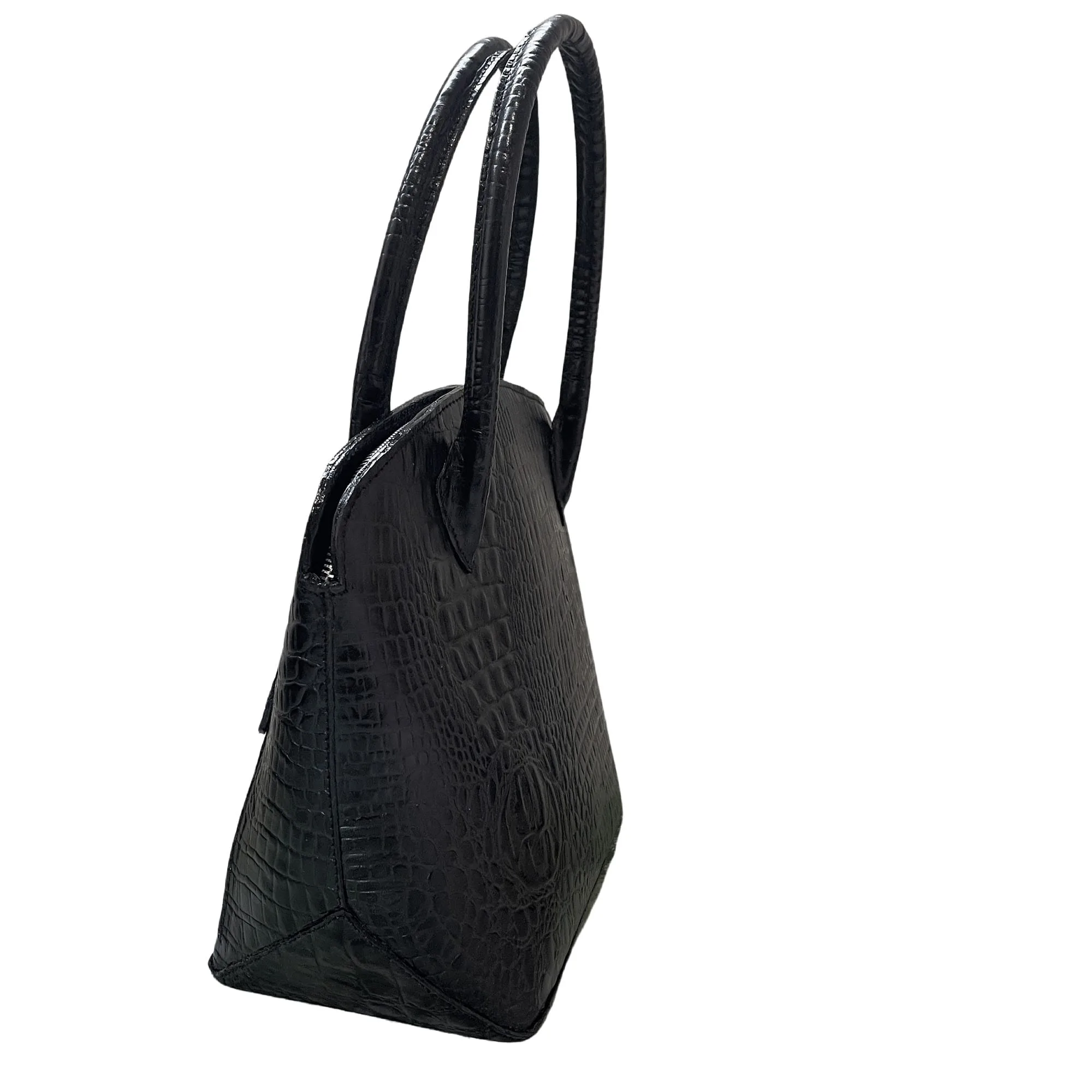 Authentic Black Argentine Cowhide Leather Shoulder Bag with Embossed Crocodile Pattern - Image 4