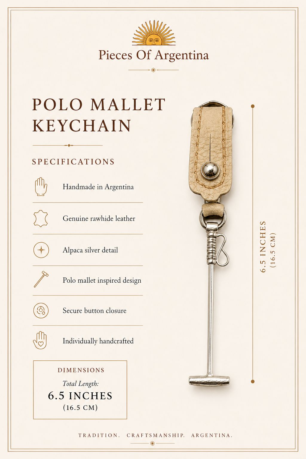 Design specifications and dimensions of handmade Argentine polo mallet keychain