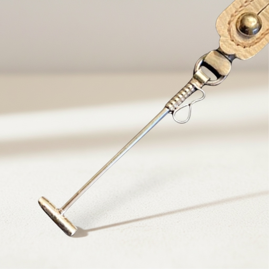 Close-up detail of alpaca silver polo mallet ornament on Argentine handmade keychain