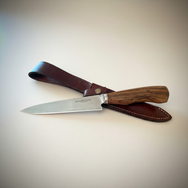 Gaucho knife with 14 cm blade and guayacan wood handle crossed over chocolate brown leather sheath