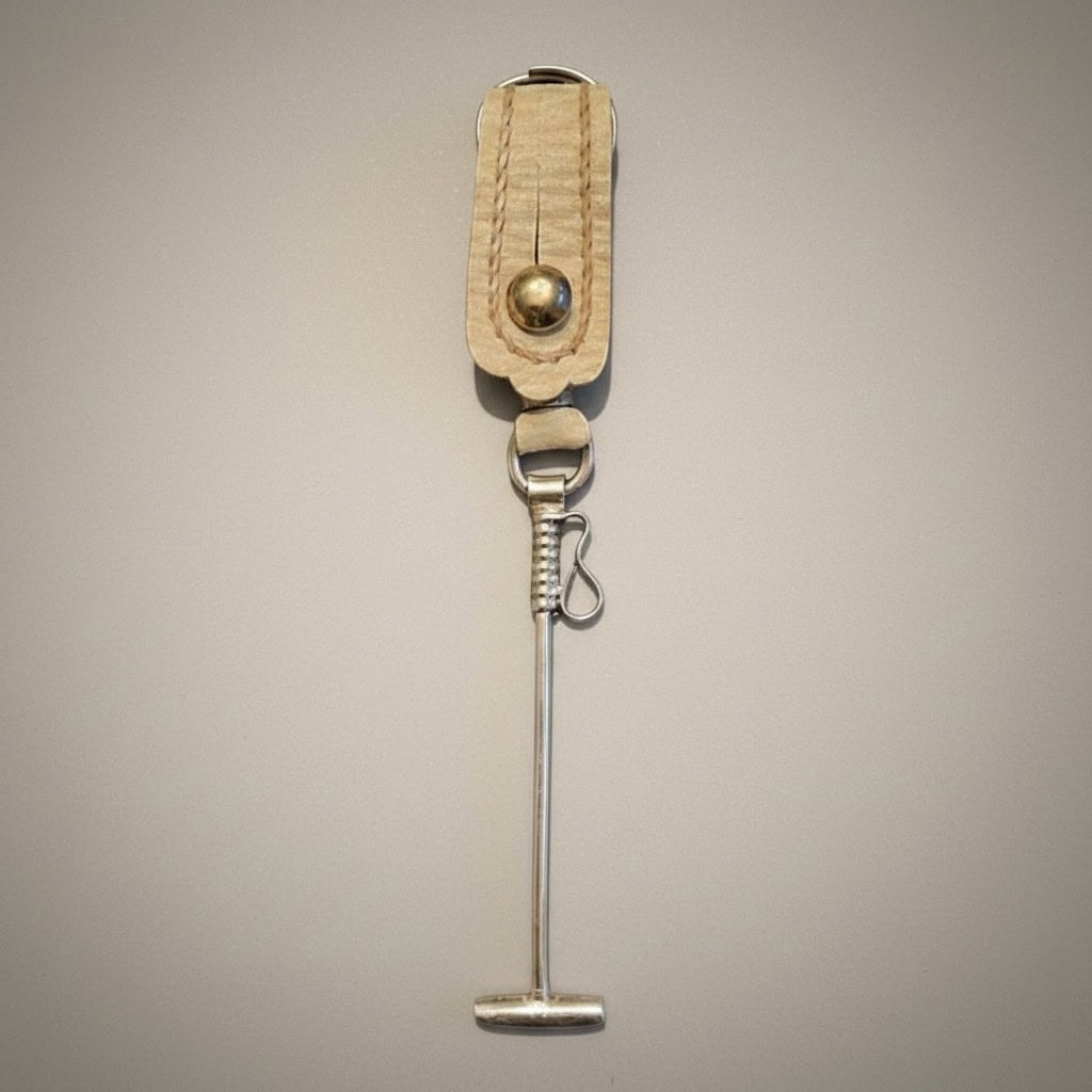 Handmade Argentine polo mallet keychain crafted in rawhide leather with alpaca silver detail