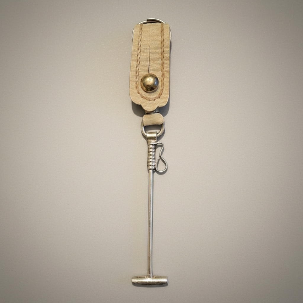 Handmade Argentine polo mallet keychain crafted in rawhide leather with alpaca silver detail