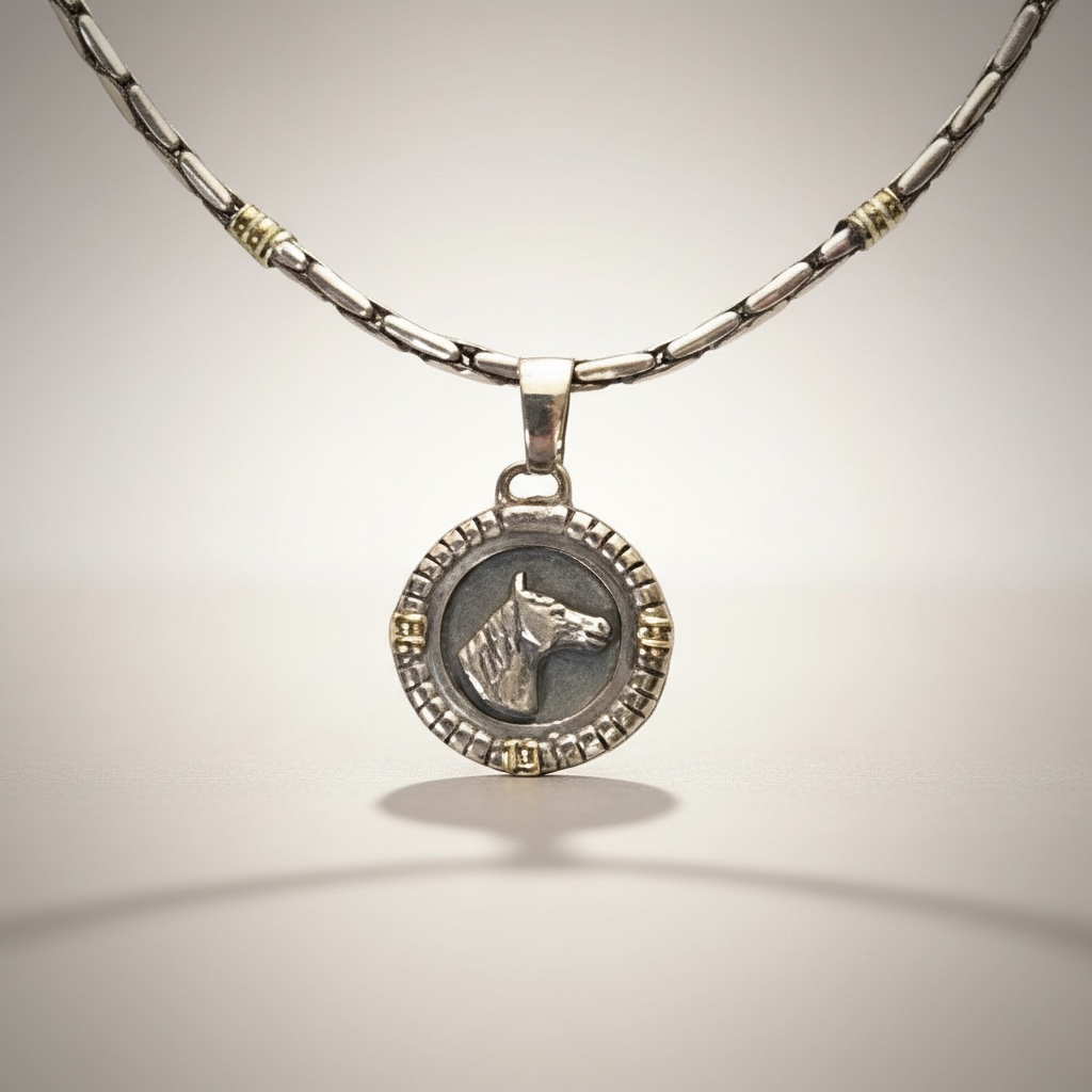 Horse head pendant necklace in sterling silver with yellow gold details and rice chain
