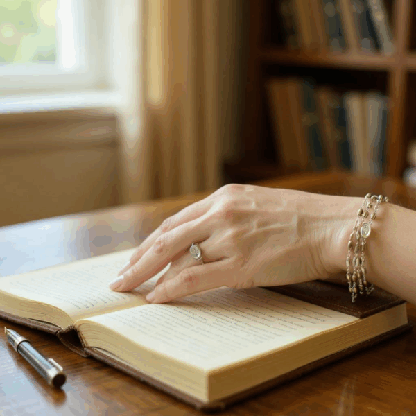 Rosary with sterling silver, rose gold, and yellow gold-plated beads wrapped as a bracelet around the wrist
