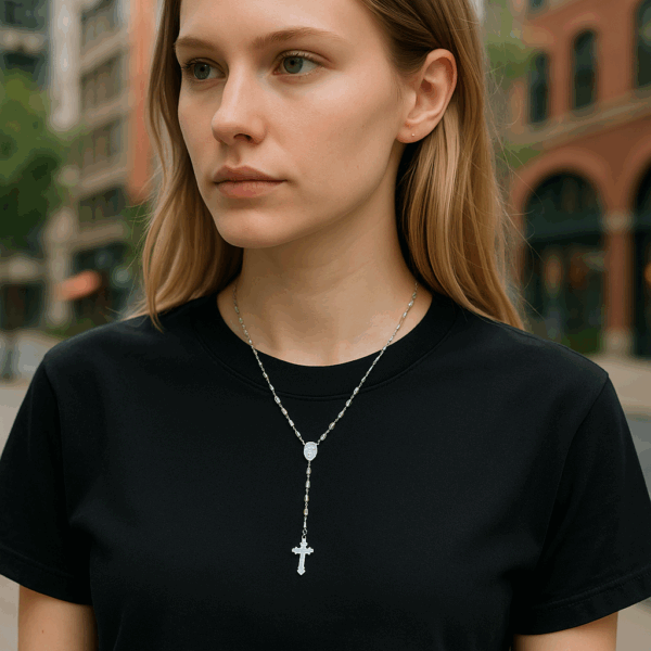 oung female model wearing a sterling silver rosary with rose gold and yellow gold-plated beads as a necklace