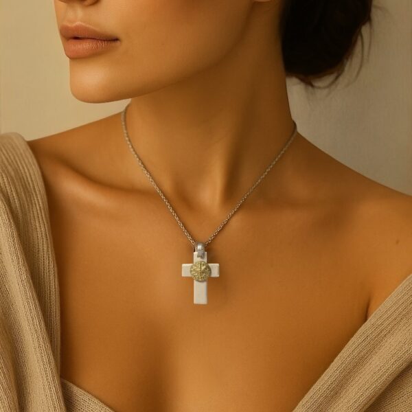 925 sterling silver Holy Spirit pendant worn by model with 18kt gold centerpiece