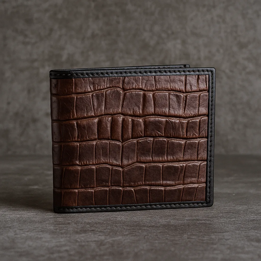 Men’s Croc-Embossed Full-Grain Leather Wallet in dark brown. luxury bifold design on a texture backgroun