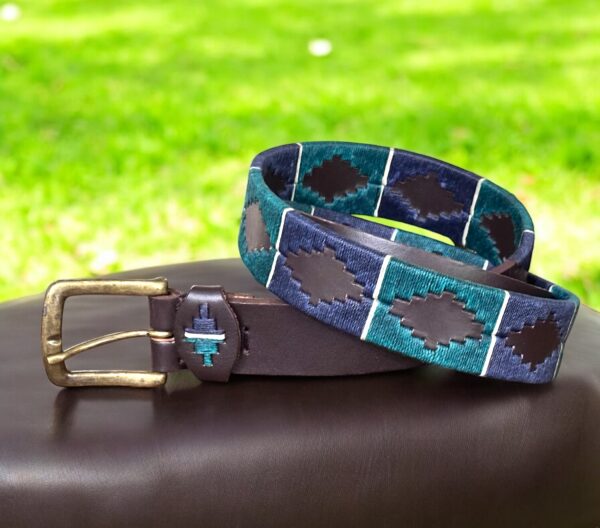 Hand-Stitched Argentine Leather Belt – Navy, Green & White Stripes | Perfect for Dress Pants or Jeans