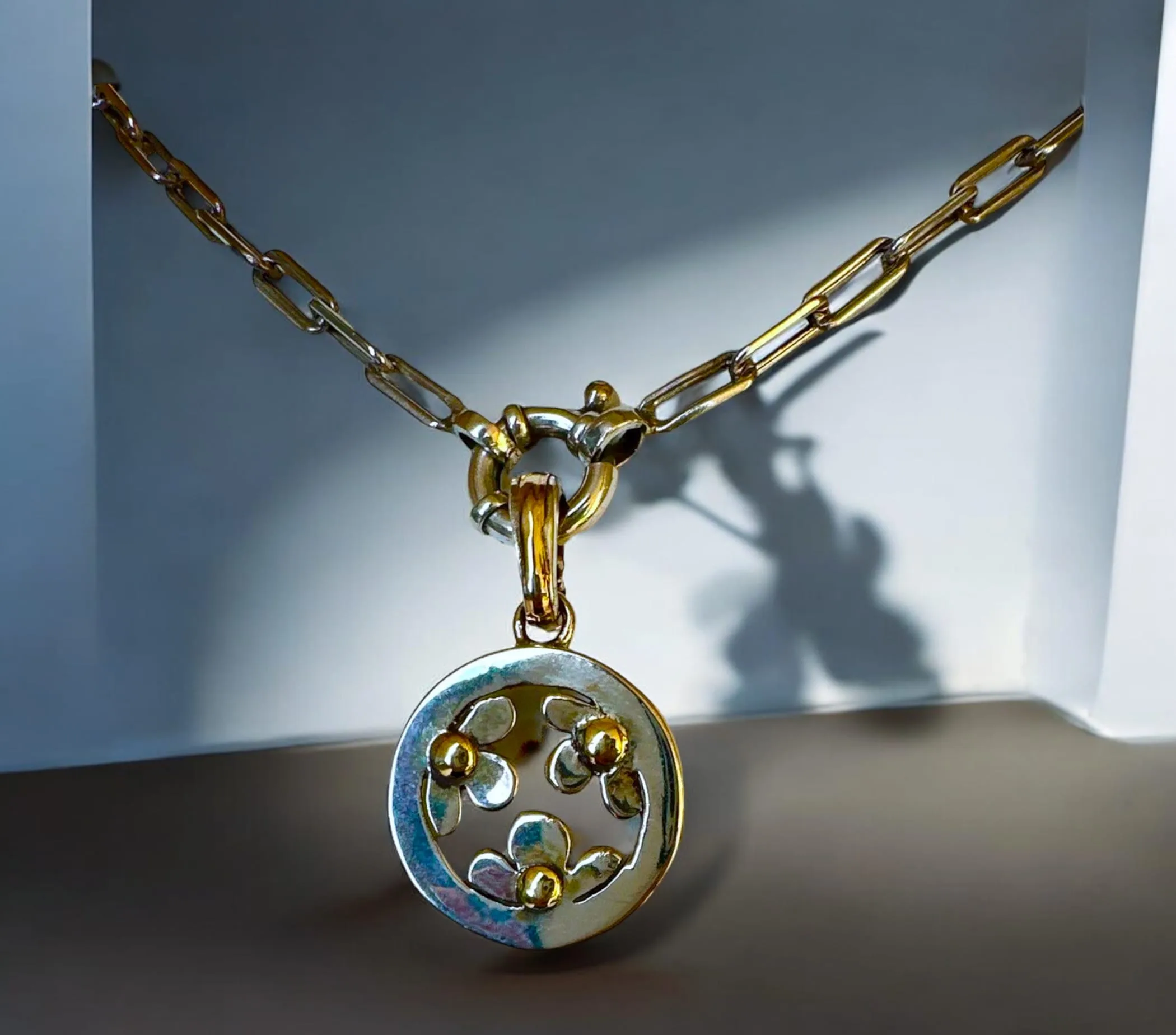 Handmade Sterling Silver and 18kt Gold Flower Pendant - Image 6