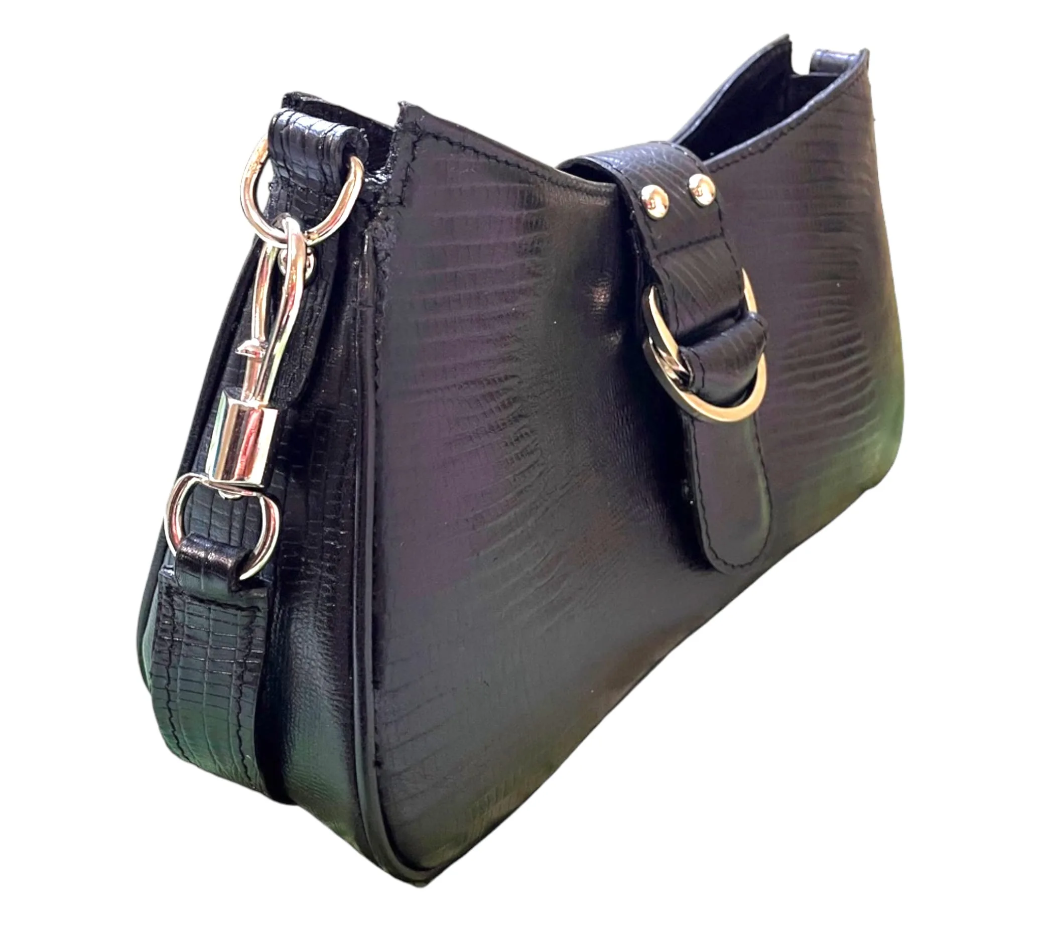 Black Cowhide Baguette Shoulder Bag with Embossed Snake Pattern and Silver Hardware - Image 4