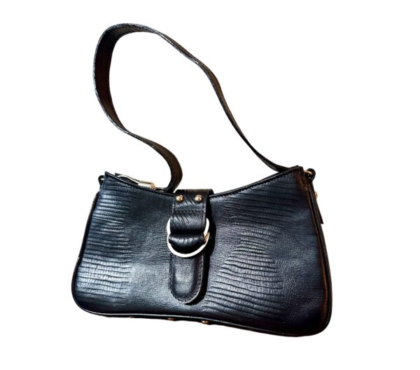 Black Cowhide Baguette Shoulder Bag with Embossed Snake Pattern and Silver Hardware - P-8049/5542 - Image 2