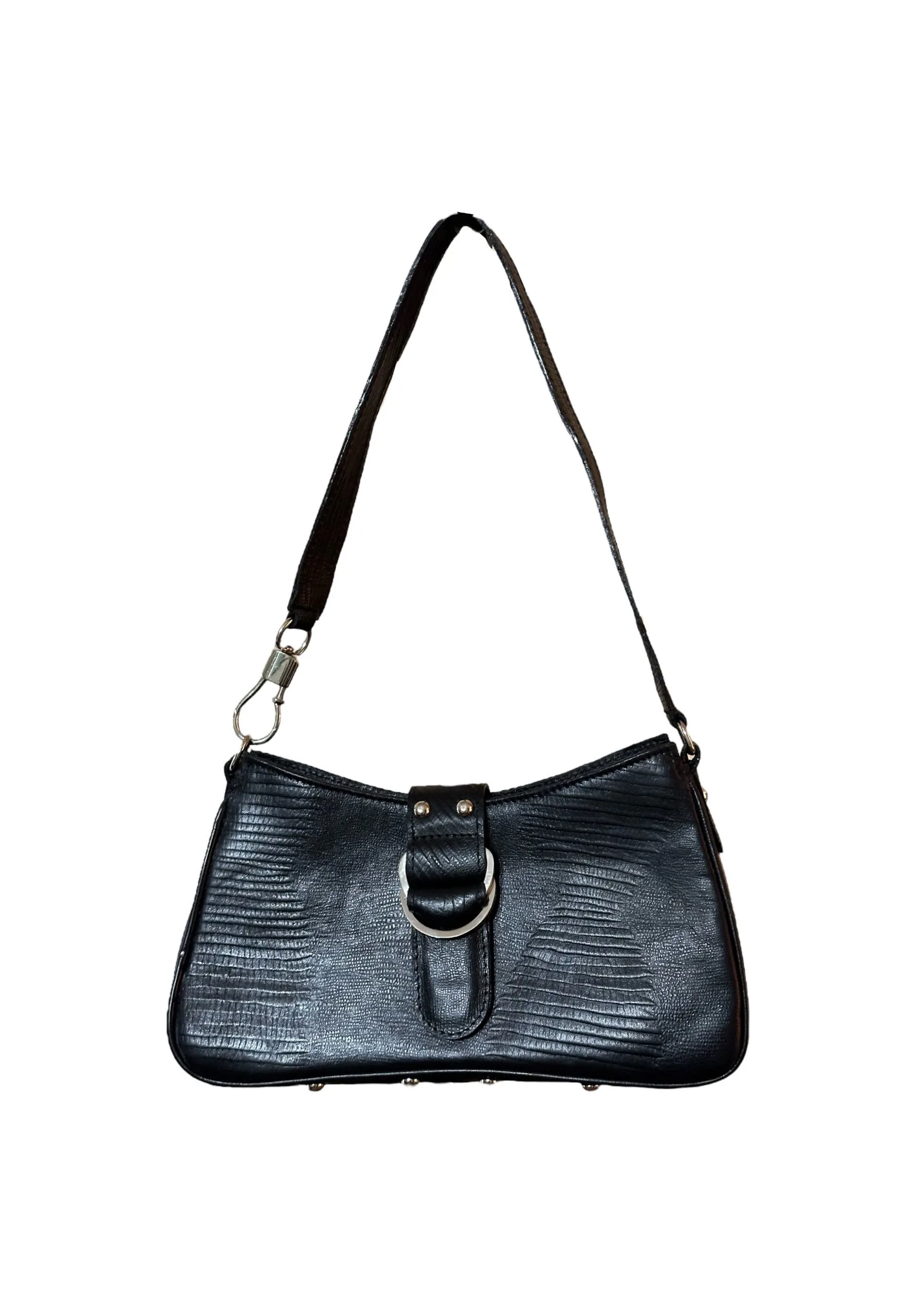 Black Cowhide Baguette Shoulder Bag with Embossed Snake Pattern and Silver Hardware