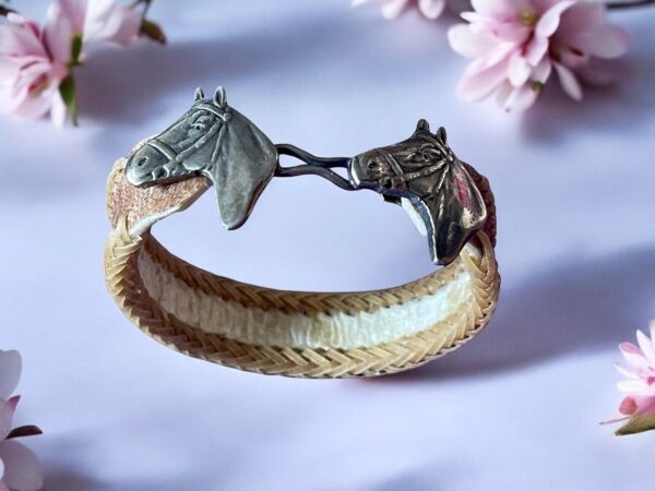 HANDMADE BRAIDED RAWHIDE LEATHER BRACELET - UNISEX ALPACA SILVER DOUBLE HORSEHEAD MOTIF - Image 3