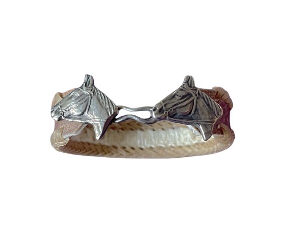 HANDMADE BRAIDED RAWHIDE LEATHER BRACELET - UNISEX ALPACA SILVER DOUBLE HORSEHEAD MOTIF - Image 4