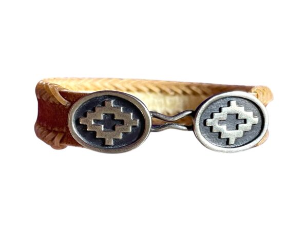 Handmade, Unisex Rawhide Leather Bracelet with Alpaca Silver Guarda Pampa, Rhombus Cross Design - Image 2