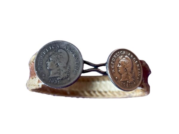 Handmade and Unisex Rawhide Leather Bracelet with Alpaca Silver Double 'Centavo' Coin Clasp - Image 2