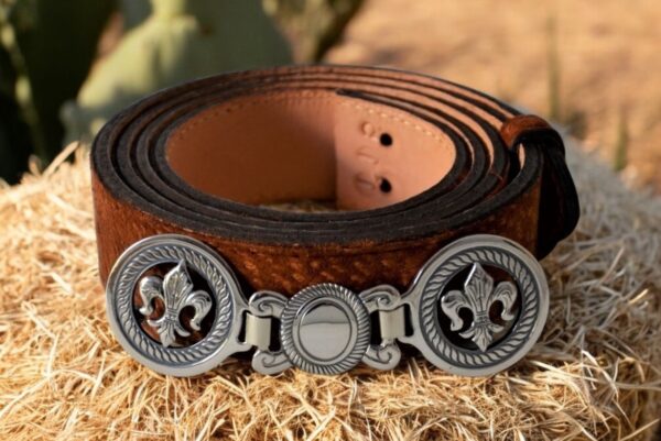 Handmade Alpaca Silver Belt Buckle – Double "Yunta" with Fleur-de-Lis & Suede Cowhide Belt