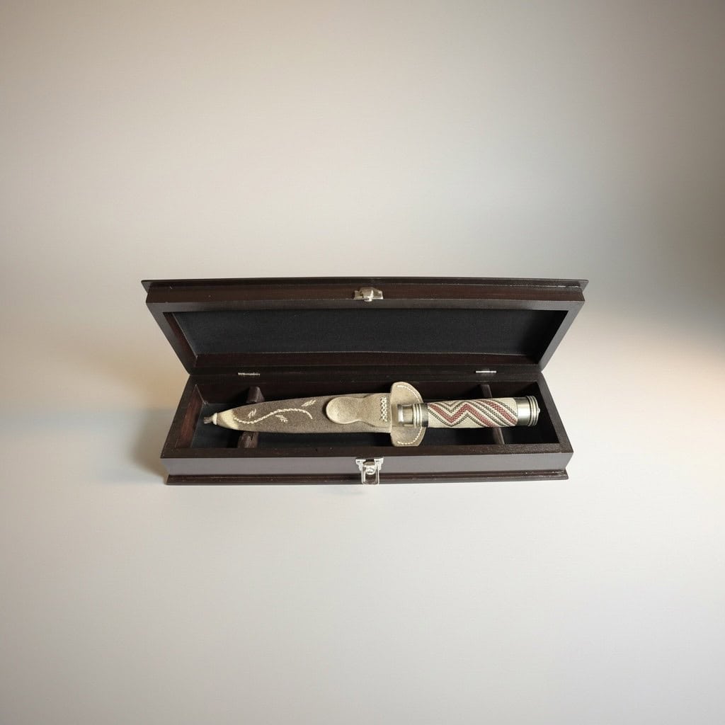 Open wooden knife box displaying gaucho knife with hand-braided handle in ivory, brick, and moss green tones with leather sheath