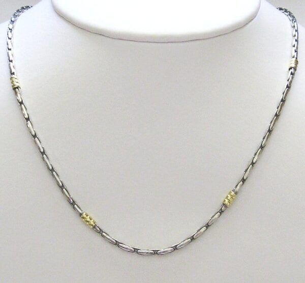 3.5MM SOLID STERLING SILVER WITH 18KT GOLD BANDED ACCENTS - 100% HANDMADE "RICE" LINK CHAIN - MJ-FR125/3373