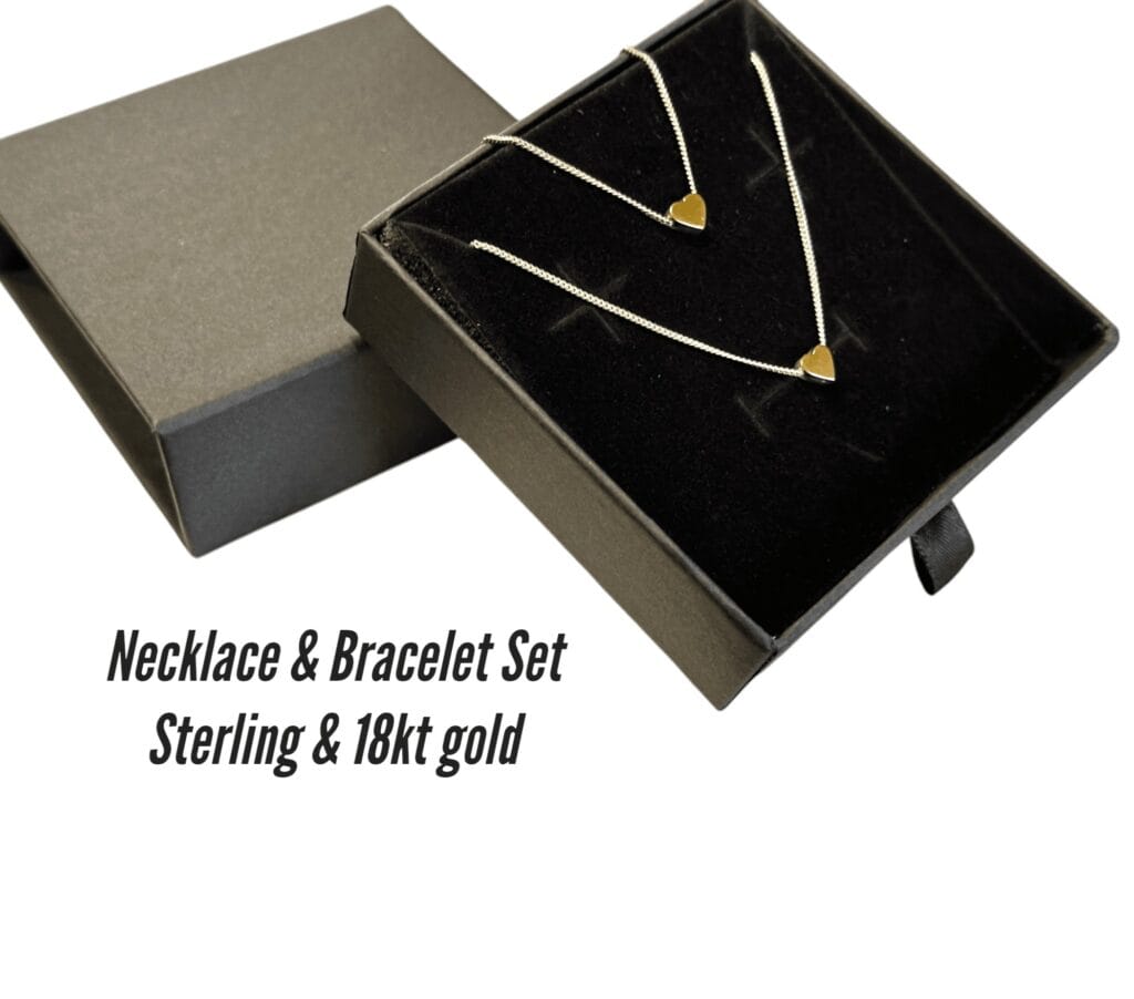 Reversible 3D heart bracelet and necklace set in sterling silver and 18k gold, elegantly presented in gift box, perfect luxury gift for women
