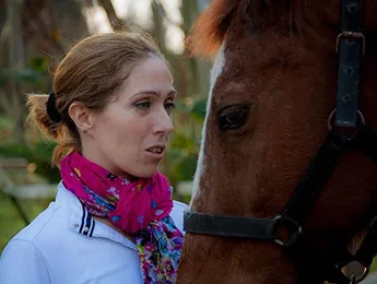 A lady looking at a horse