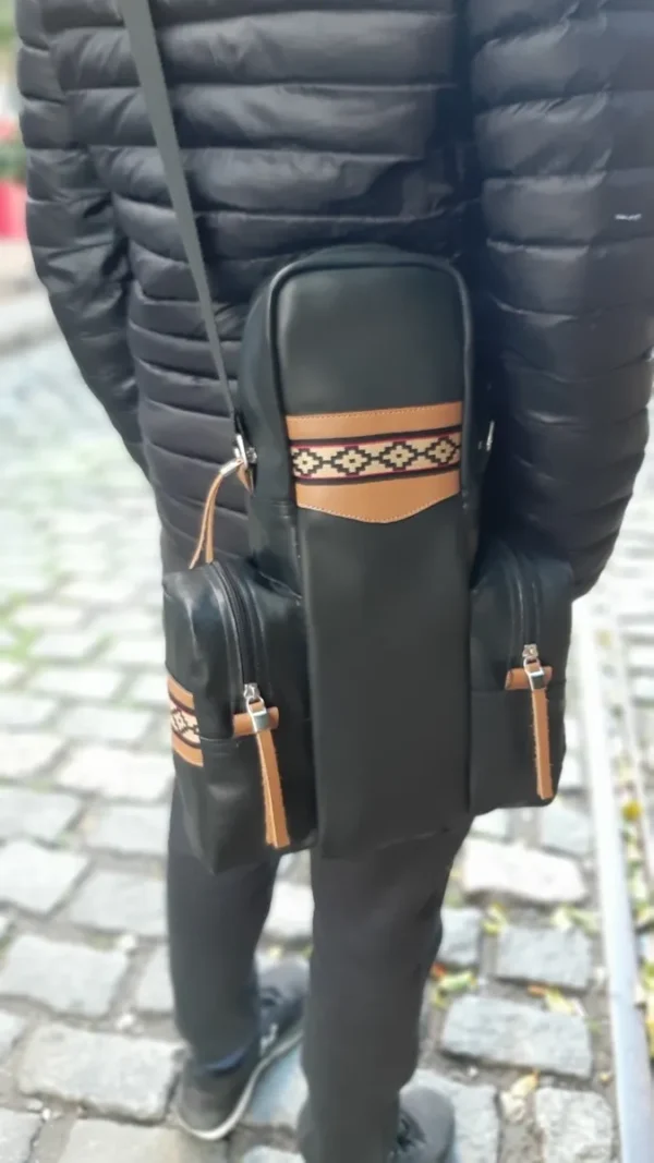 100% GENUINE CALF HIDE LEATHER, YERBA MATE' BAG - TRADITIONAL ARGENTINE PAMPA TRIM - FULL SIZE BAG WITH ZIPPERED POUCHES! - OZ-372/2302-BKPM - Image 3