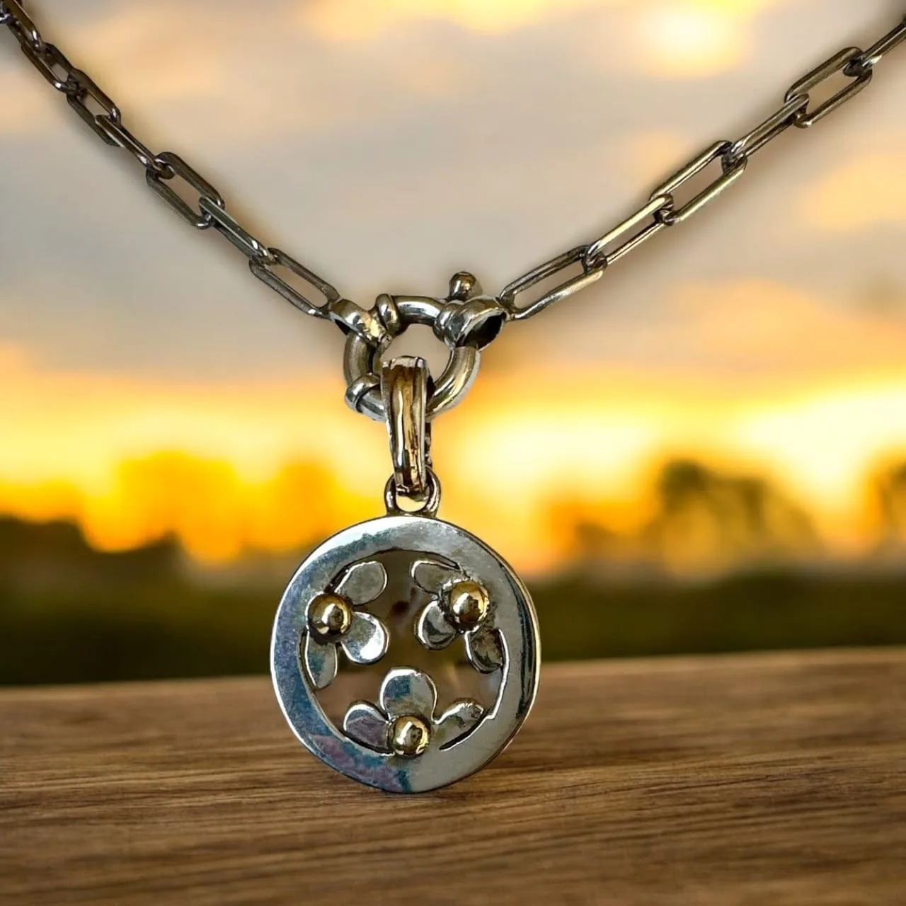 Handmade Sterling Silver and 18kt Gold Flower Pendant - Image 7