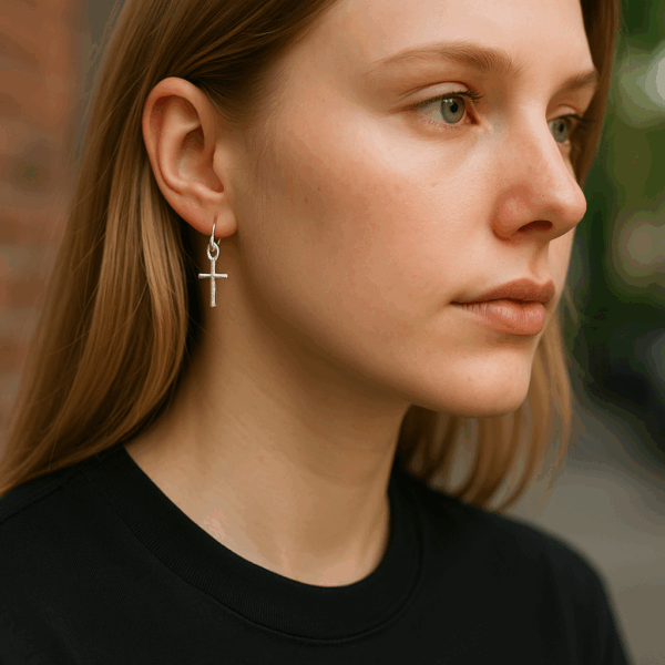 Young woman wearing a handcrafted 925 silver hoop earring