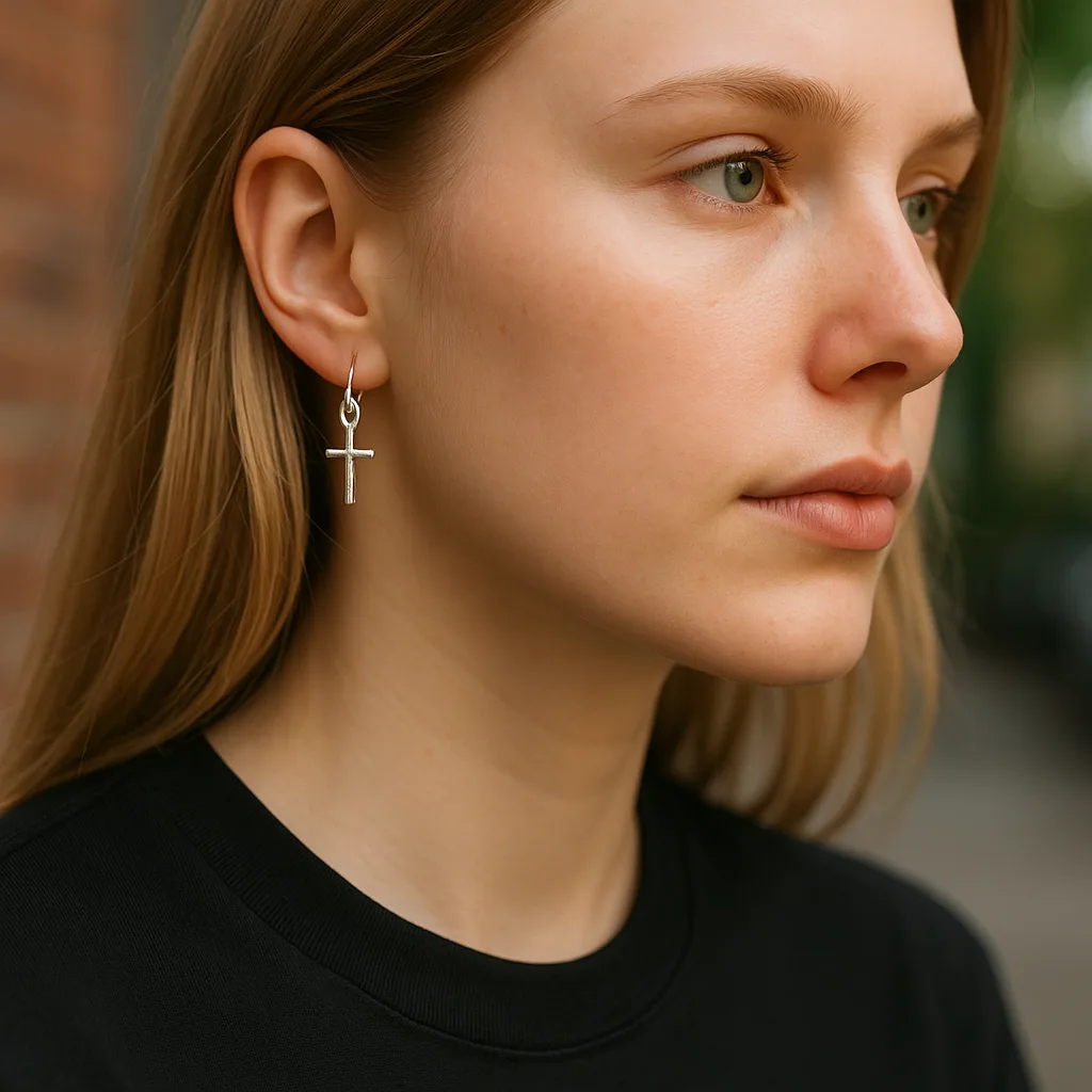 Young woman wearing a handcrafted 925 silver hoop earring