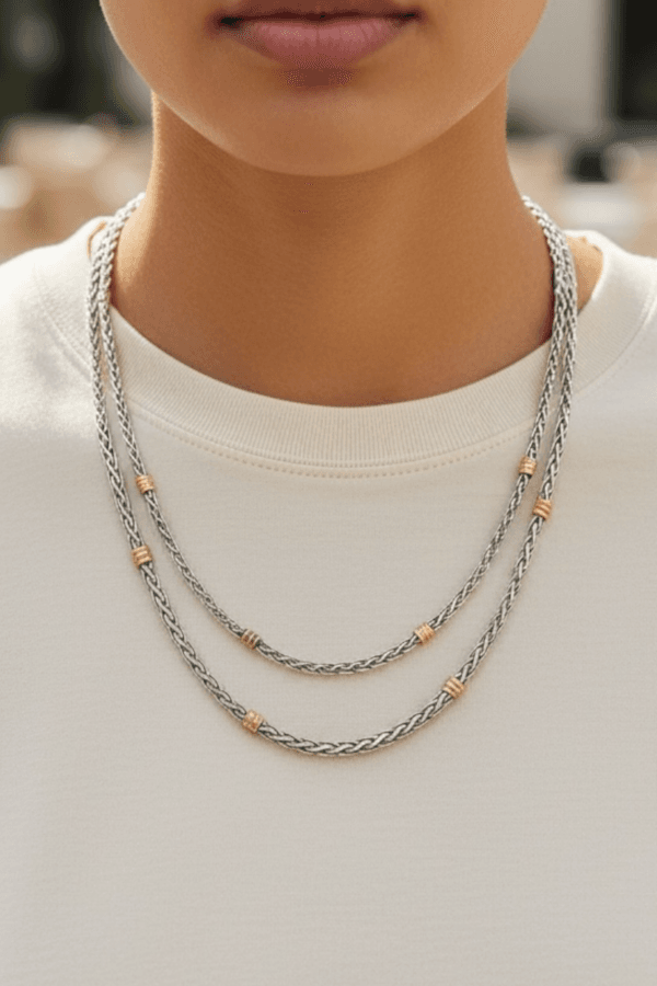 3 & 4 mm silver neck chains with golden accents