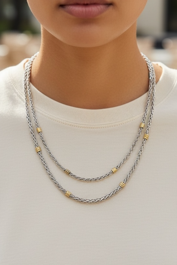 3 & 4 mm silver neck chains with golden accents