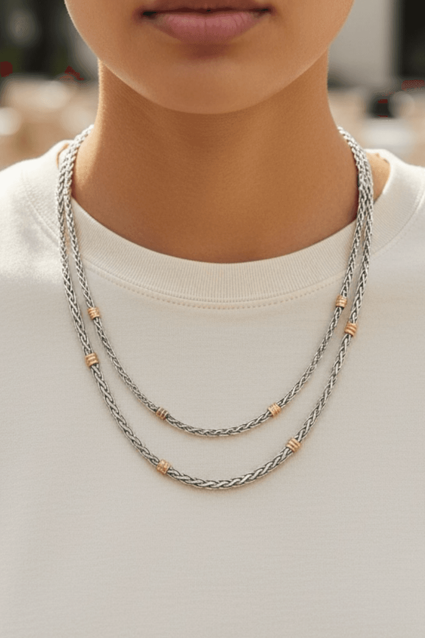 3 & 4 mm silver neck chains with golden accents