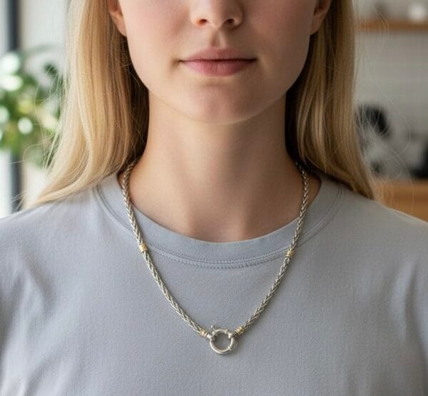 Close-up of a model wearing a 5mm handmade braided wheat chain in solid sterling silver with 18kt gold accents