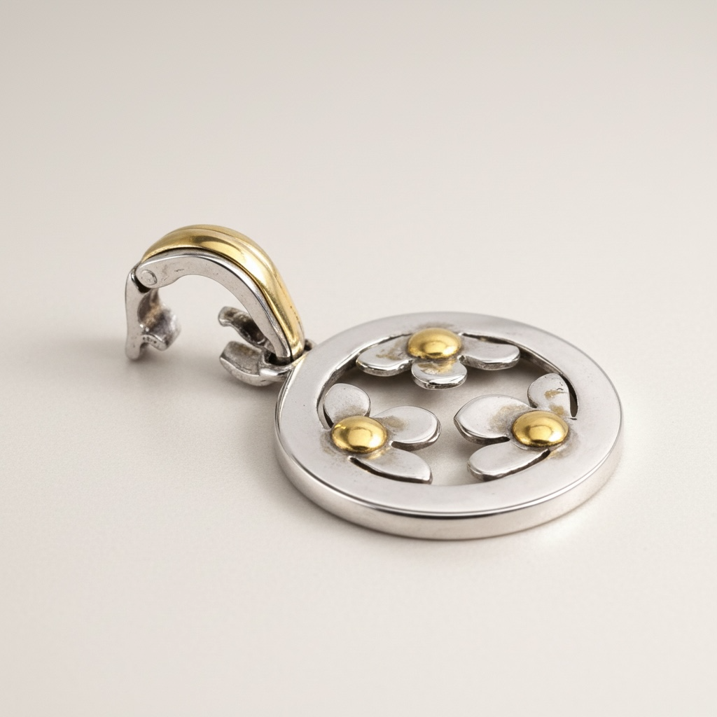 Sterling silver 925 floral pendant with yellow gold centers on a clean background