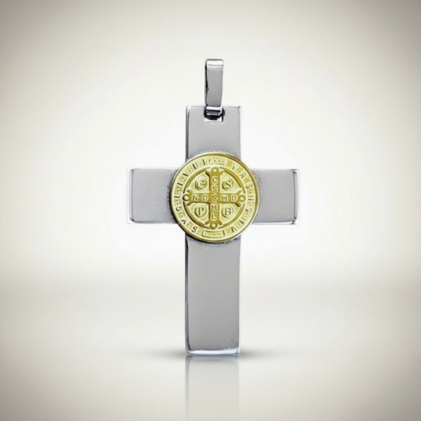 Sterling silver Saint Benedict cross pendant close-up with engraved medal detail