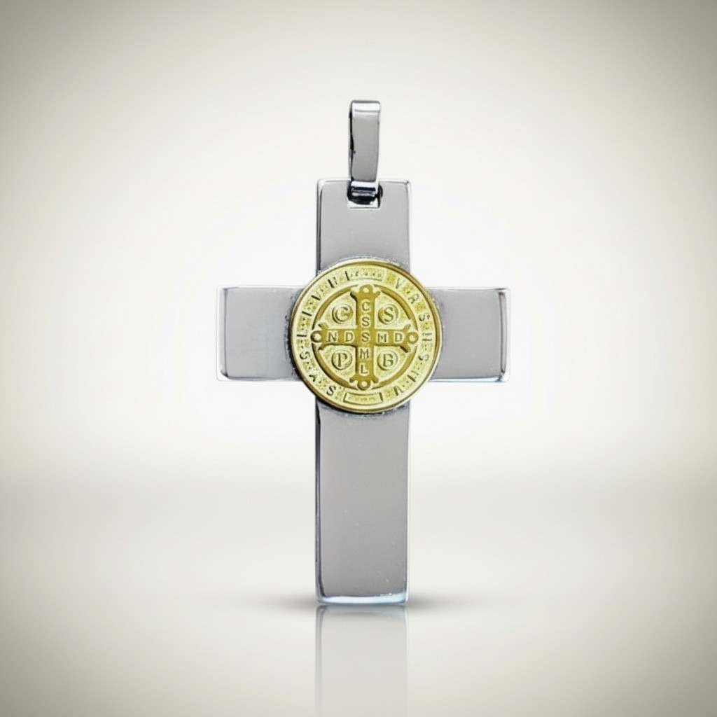 Sterling silver Saint Benedict cross pendant close-up with engraved medal detail